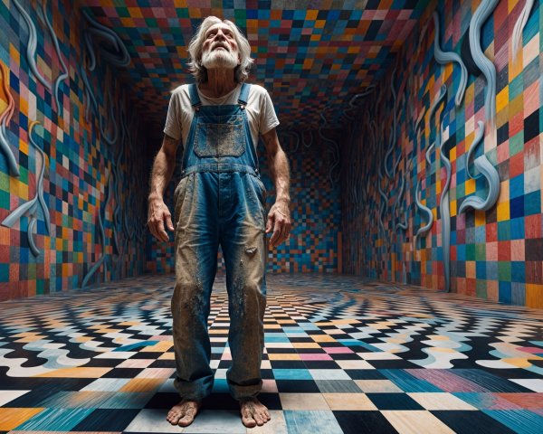 Elderly Man in Colorful Abstract Patterned Room