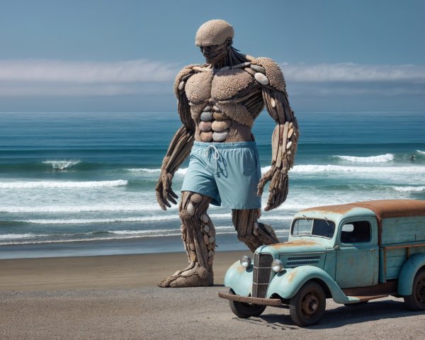 Colossal Wooden Figure and Teal Truck on Beach