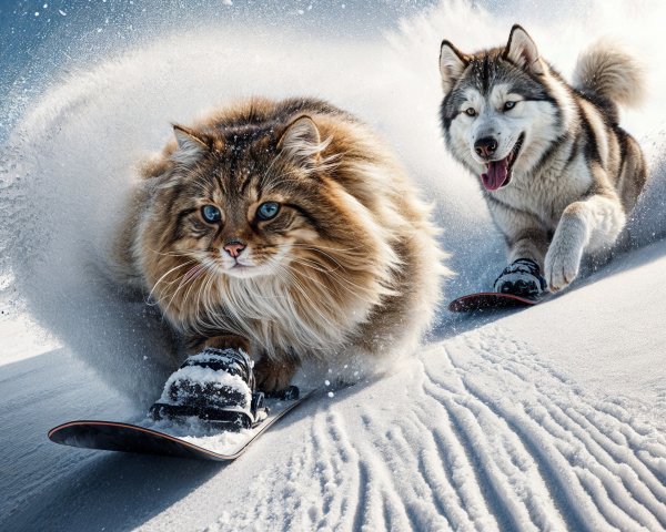 Fluffy Cat and Husky Snowboarding in Winter Wonderland