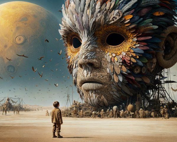 Child in Desert with Colossal Feathered Face