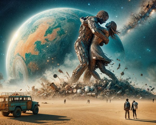 Gigantic Scrap Metal Couple in Surreal Landscape