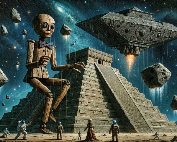 Colossal Wooden Puppet on Pyramid Amidst Space Scene