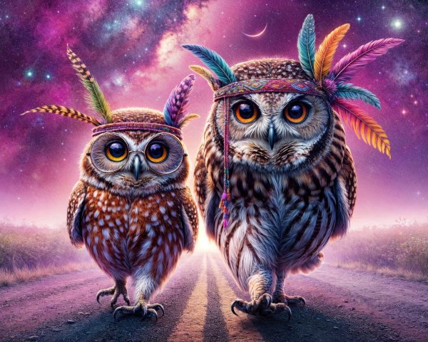 Owls in a Cosmic Setting Under a Starry Sky