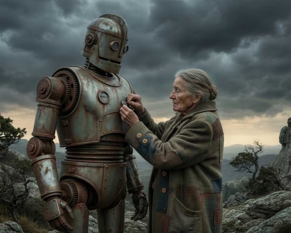 Elderly Woman Adjusts Badge on Vintage Robot in Landscape