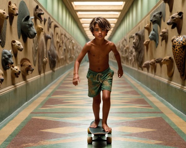 Young boy skateboards in ornate hallway with sculptures