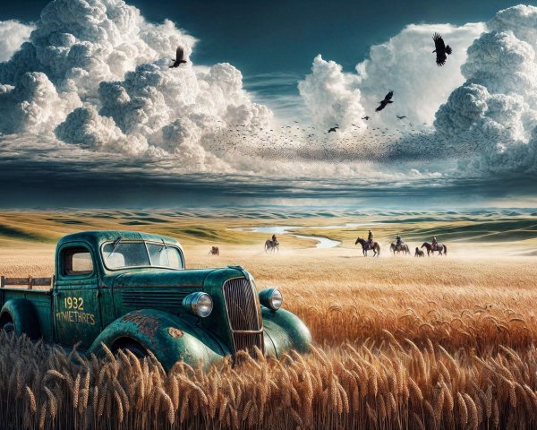 Abandoned 1932 Turquoise Truck in Wheat Field