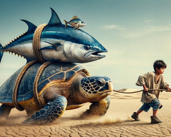 Surreal Desert Scene with Boy and Majestic Turtle