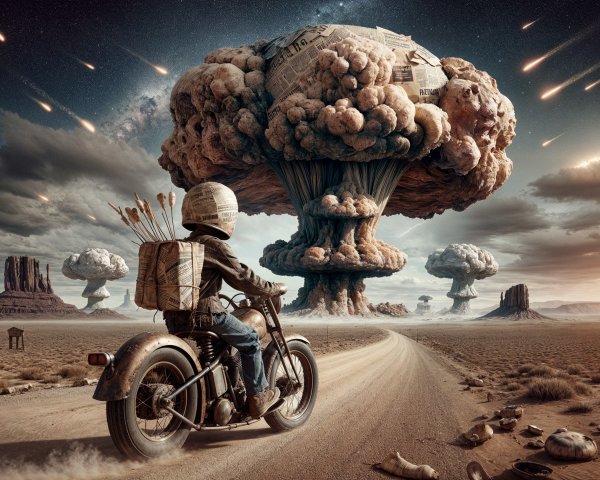 Motorcyclist on Dusty Road with Mushroom Cloud Background