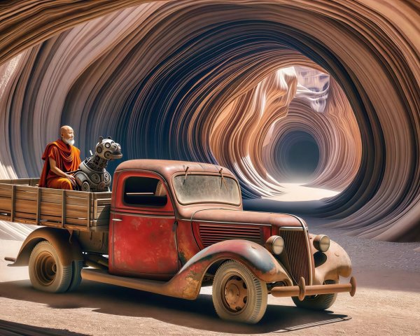 Old Red Truck in Multi-Layered Canyon Scene