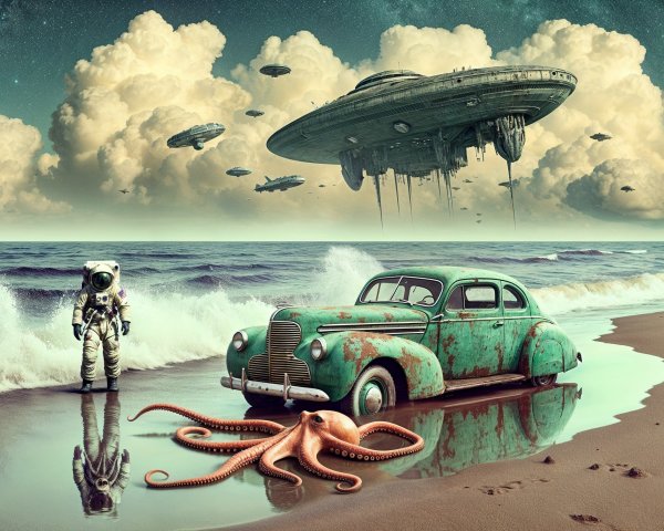 Surreal Beach Scene with Astronaut and Vintage Car