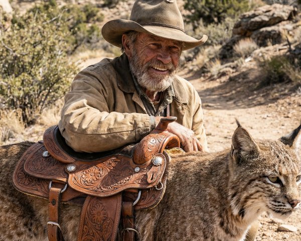 Old Man with Cowboy Hat and Bobcat in Desert Setting