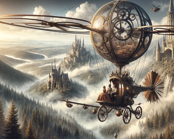 Steampunk Airship Overcast Landscape with Castles