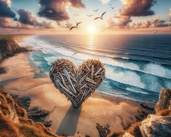 Golden Sunset Over Dramatic Coastline with Driftwood Heart