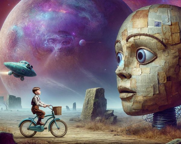 Surreal Landscape with Boy on Bicycle and Giant Head