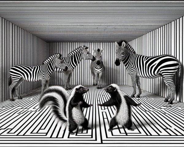 Surreal Scene of Skunks and Zebras in Striped Room
