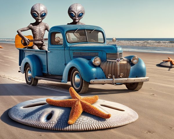 Vintage Blue Truck with Aliens on Sunny Beach