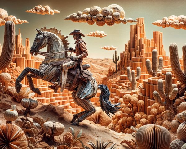 Cowboy on Wooden Horse in Fantastical Desert Landscape