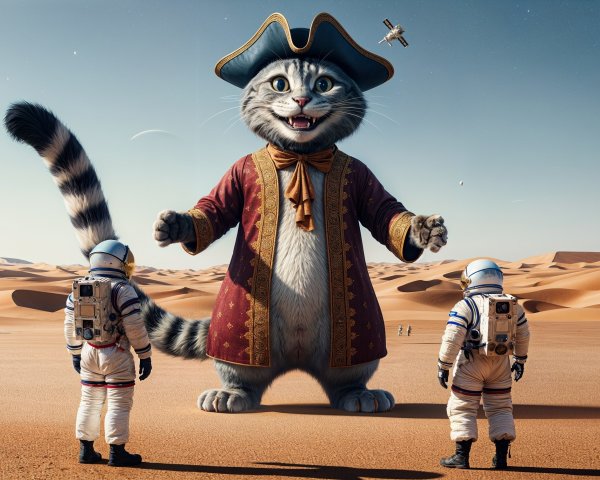 Astronauts Encounter Pirate Cat in Desert Landscape