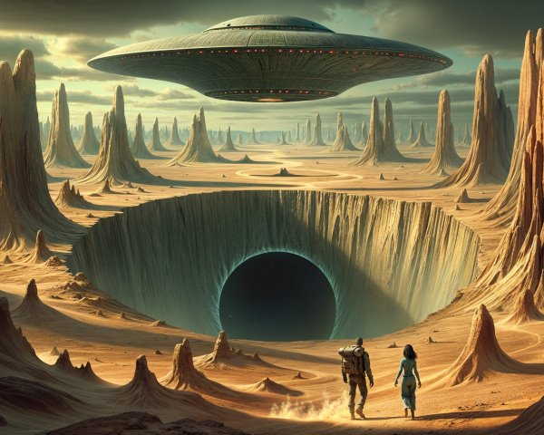 Surreal Alien Landscape with Figures and Spaceship