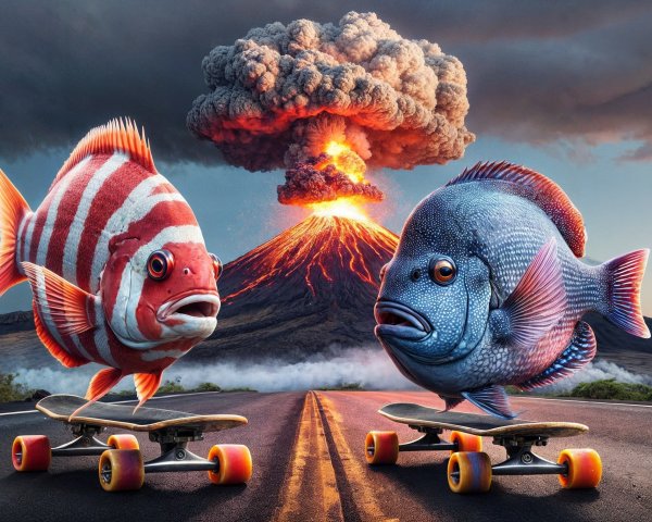 Anthropomorphic Fish Skateboarding Amid Volcanic Eruption
