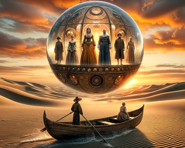 Mystical Desert Scene with Floating Sphere and Boat