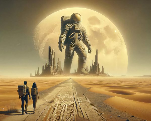 Desert Scene with Two Figures and Giant Astronaut