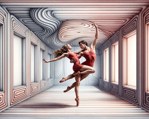 Surreal Ballet Duet in Elegant Architectural Space