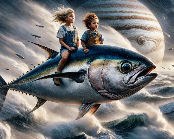 Children Riding a Giant Fish in a Surreal Ocean Scene