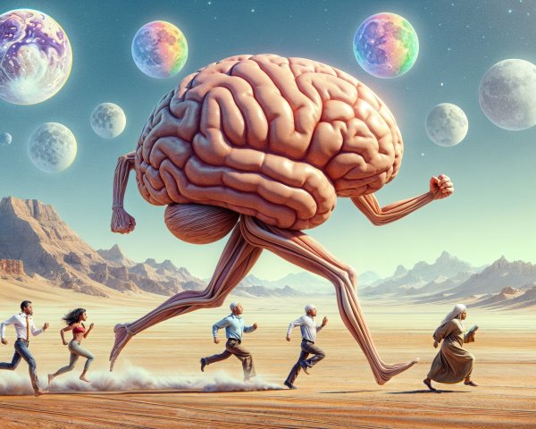 Surreal Desert Scene with a Running Brain and Chasers