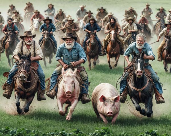 Cowboys Herding Pigs on Horses in Green Field