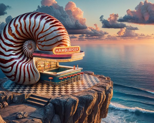 Whimsical Hamburger Restaurant in Nautilus Shell Design