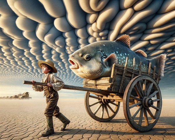 Whimsical Fish Cart in Surreal Landscape with Clouds