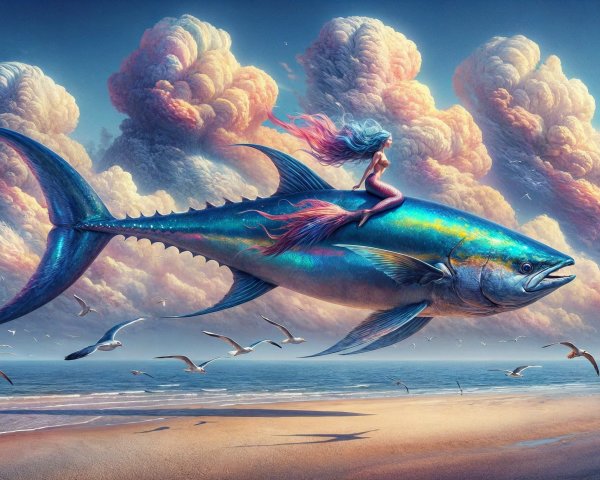 Mermaid Riding an Iridescent Fish at a Beach Scene