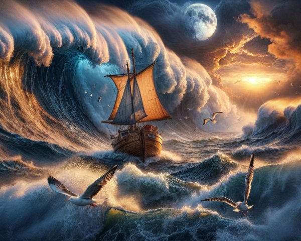Majestic Sailing Ship Amid Turbulent Ocean Waves