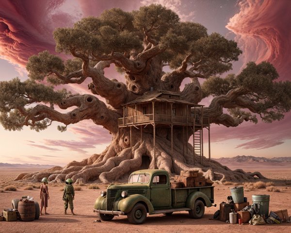 Surreal Desert Scene with Ancient Tree and Vintage Truck