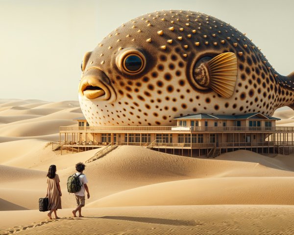 Surreal Desert Scene with Giant Pufferfish Structure
