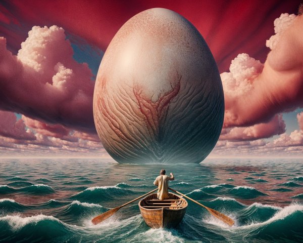 Solitary Figure Rowing Toward a Massive Egg at Sea