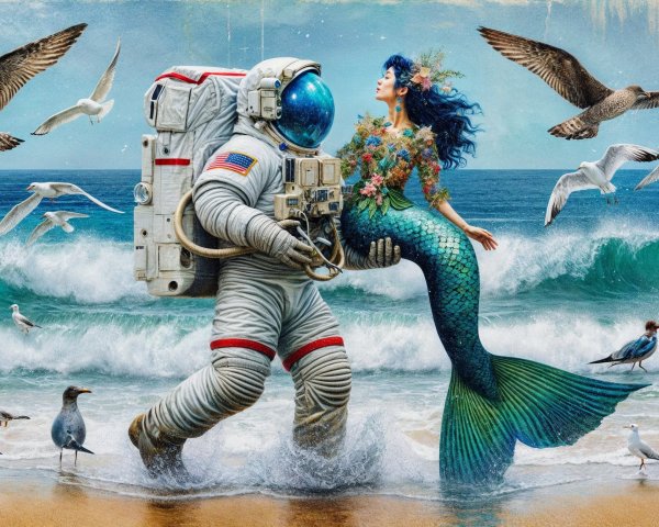 Astronaut on Beach with Floral Mermaid and Ocean Waves