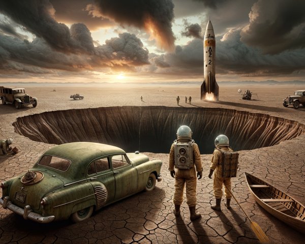 Astronauts in Vintage Suits at a Cratered Landscape