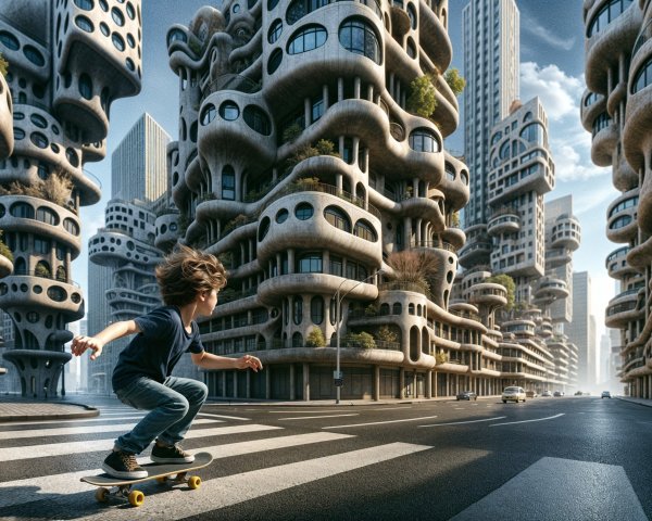 Skateboarder in Futuristic City with Unique Architecture