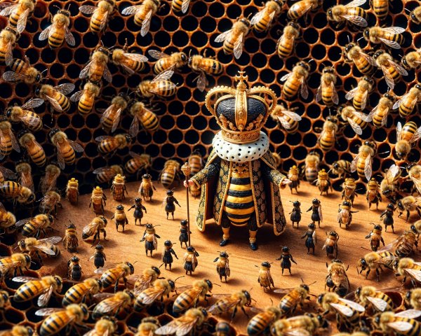 Queen Bee in Ornate Attire Surrounded by Worker Bees