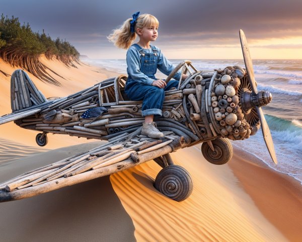 Young girl on whimsical driftwood airplane at sunset