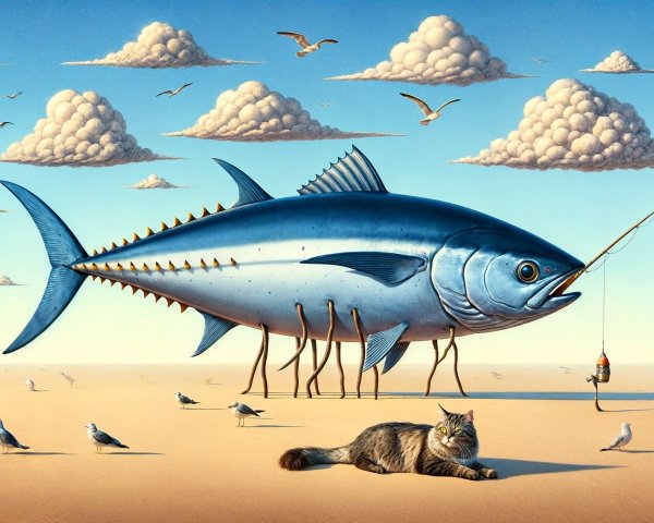 Giant Blue Fish in Surreal Landscape with Cat and Seagulls
