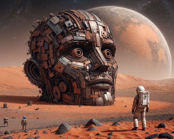 Surreal Martian Landscape with Metallic Sculpture and Astronauts