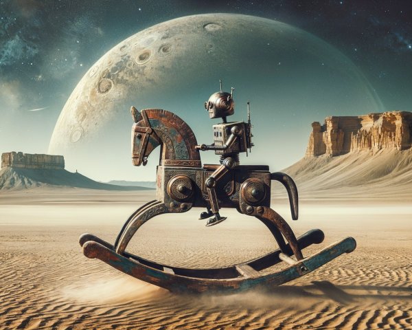 Futuristic Robot on Vintage Rocking Horse in Alien Desert