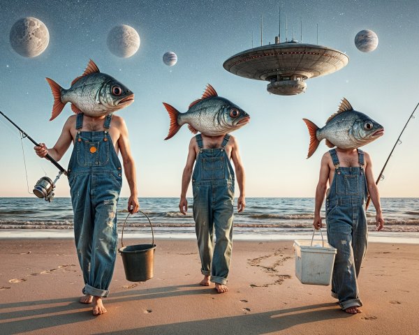 Surreal Beach Scene with Fish-Head Figures and Spaceship
