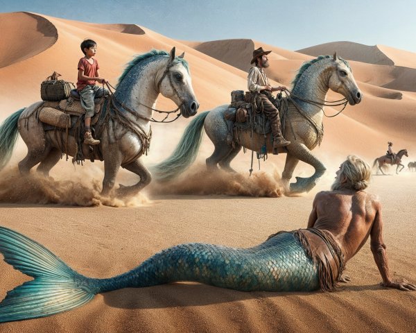 Surreal Desert Scene with Riders and a Mermaid