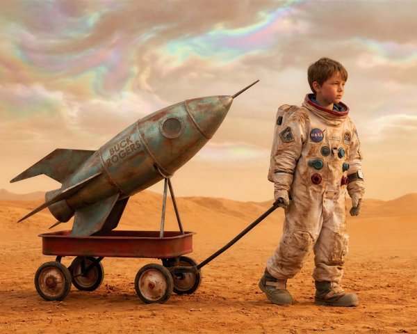 Boy in astronaut suit pulling toy rocket on Mars-like land