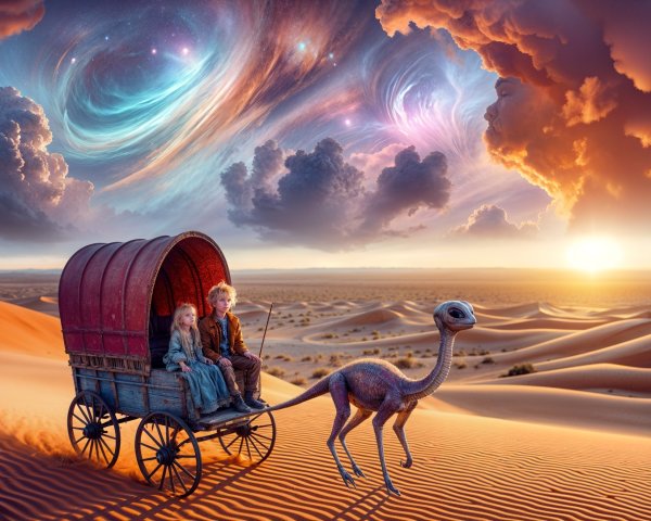 Children in a red wagon with a dinosaur in a desert