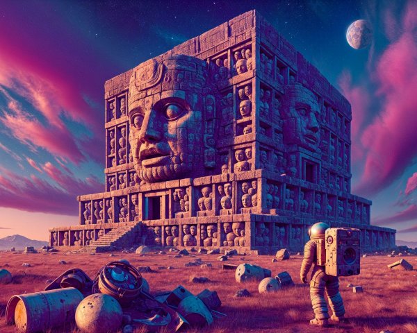 Ancient Monument with Astronaut in Otherworldly Setting